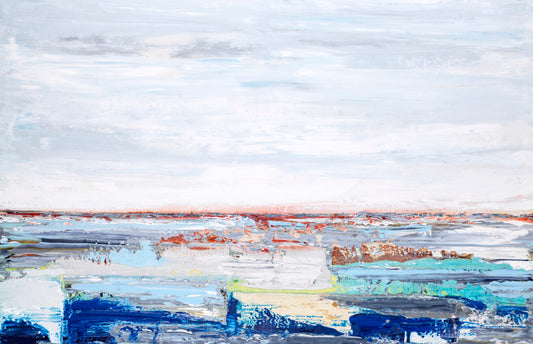 Abstract landscape painting featuring a bright sky over textured horizontal bands of blue and orange.