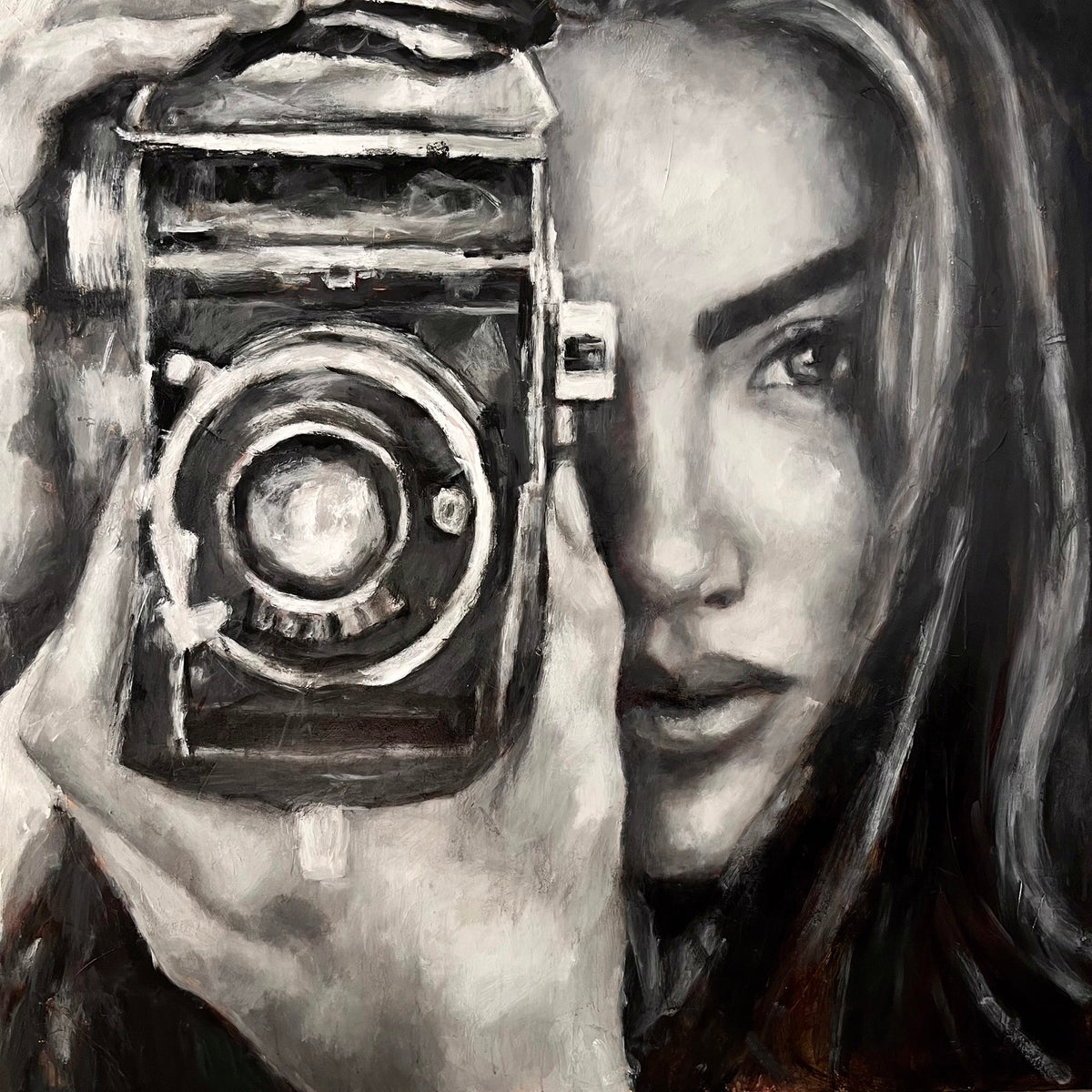 Black-and-white painting of a woman holding a vintage camera up to her eye.