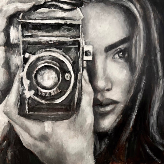 Black-and-white painting of a woman holding a vintage camera up to her eye.