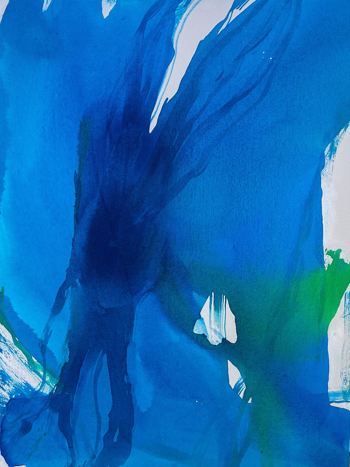 Abstract painting with broad strokes of blue and touches of green and white, creating a fluid, watercolor-like composition with overlapping shapes and gradients.