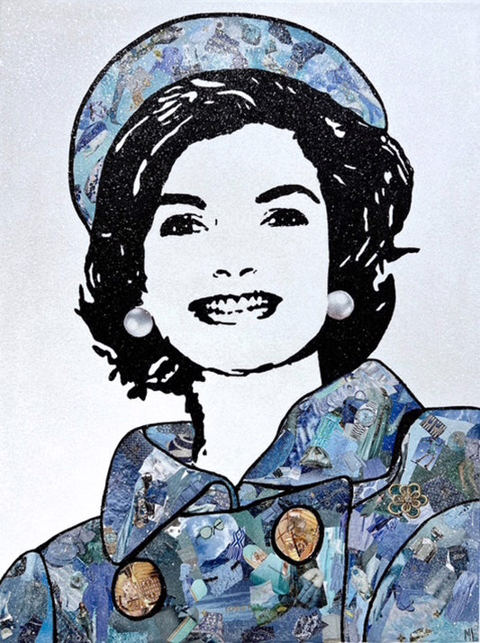 Collage portrait evoking Jackie Kennedy in a hat and coat of blue magazine clippings.