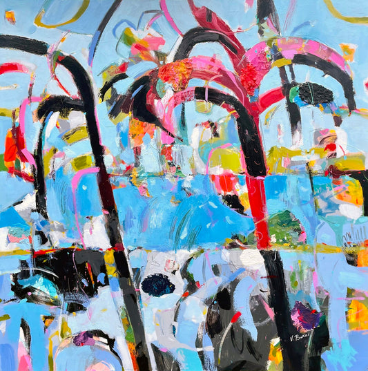 Vibrant abstract painting with bold black arching lines over colorful marks on blue.