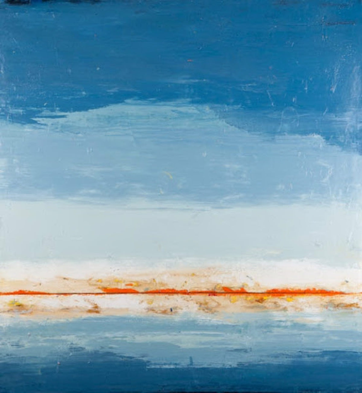 Abstract landscape painting displaying horizontal bands of blue with a textured white and orange horizon.