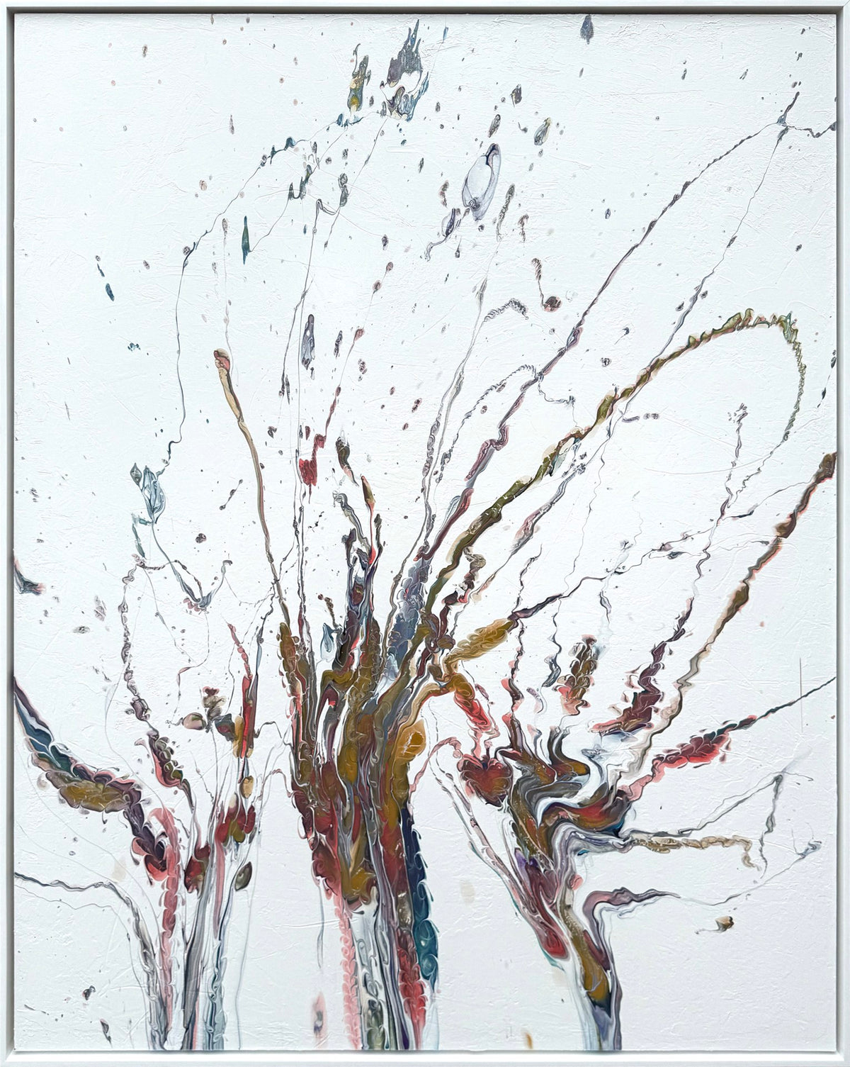 Abstract painting with splashes and streaks of red, orange, yellow, black, and gray on a white background.
