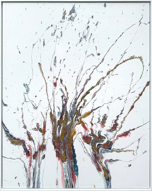 Abstract painting with splashes and streaks of red, orange, yellow, black, and gray on a white background.