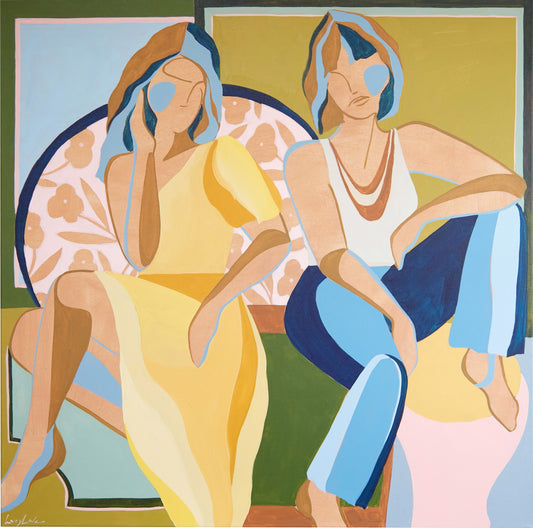 Abstract painting of two women with stylized features, wearing a yellow dress and a white top with jeans, seated against a floral and geometric background in soft, muted colors.