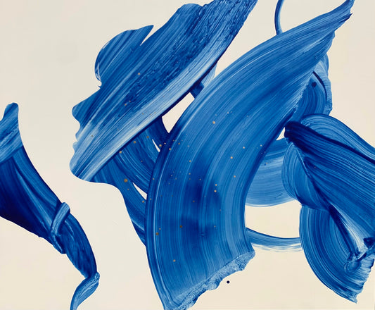Abstract painting of bold blue brushstrokes with gold flecks on a cream background.