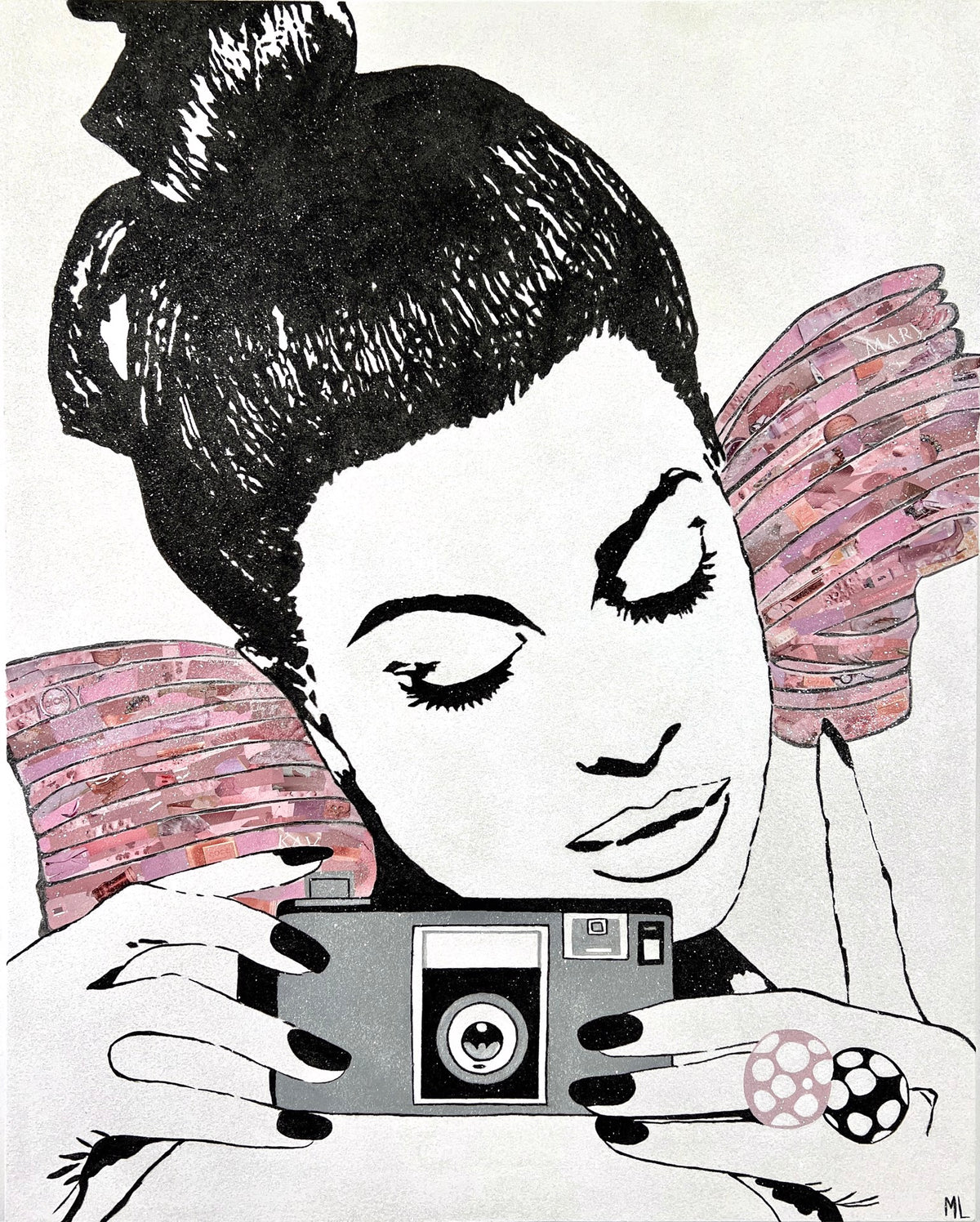 Black-and-white illustration of a woman with her hair in a bun holding a camera, with pink collage-like wings and a polka-dot ring on her finger.