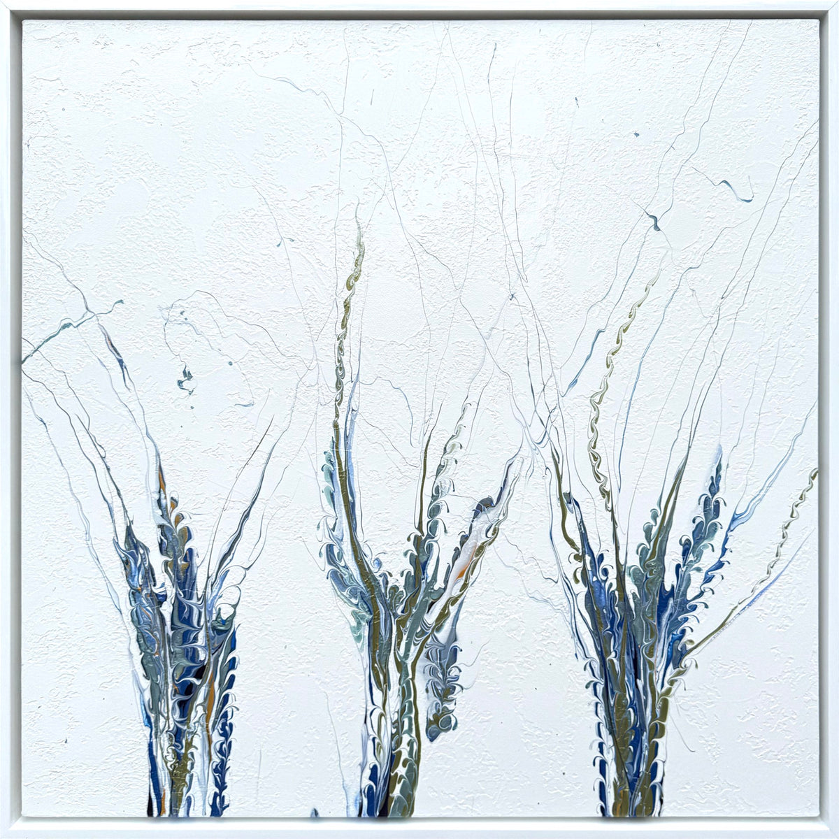 Abstract painting with three vertical, plant-like forms in blue, green, and gray on a textured white background, framed in white. Thin lines extend upward from each form.