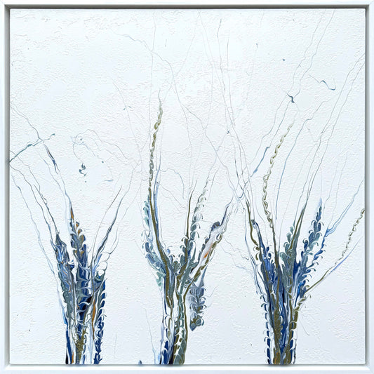 Abstract painting with three vertical, plant-like forms in blue, green, and gray on a textured white background, framed in white. Thin lines extend upward from each form.