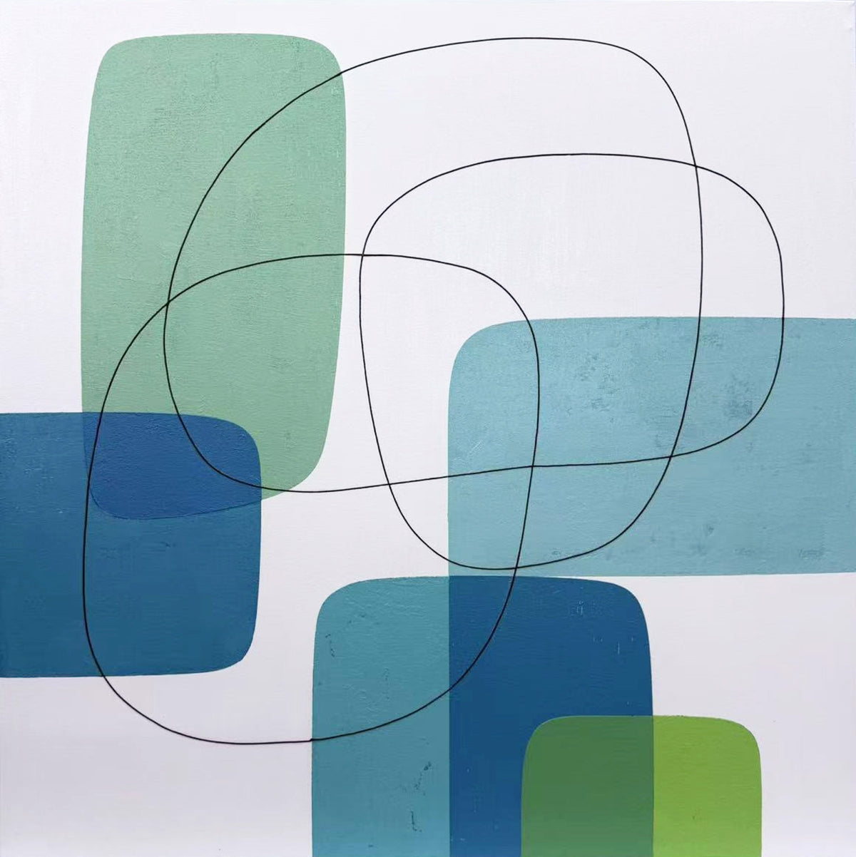 Abstract painting displaying overlapping blue, teal, and green rounded rectangles intertwined with looping black lines.
