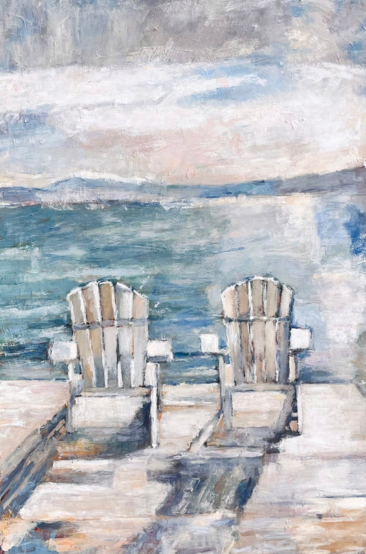 Textured painting of two empty Adirondack chairs on a dock overlooking calm water.