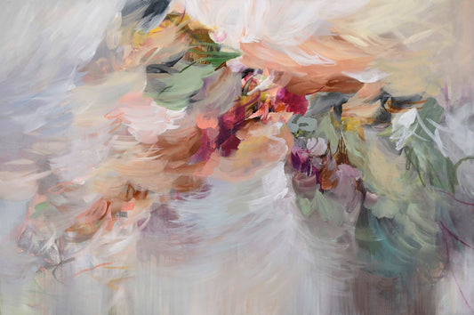 This expansive abstract artwork combines pink, red, and yellow paint on a textured rectangular canvas.