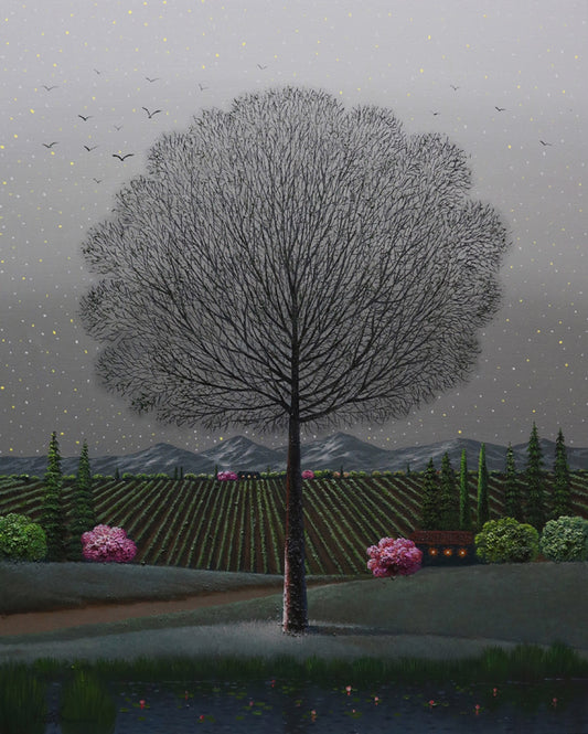 A leafless tree stands in the center of a landscape with vineyards, distant mountains, scattered flowers, and a house at dusk. Birds fly in the cloudy sky with stars visible.