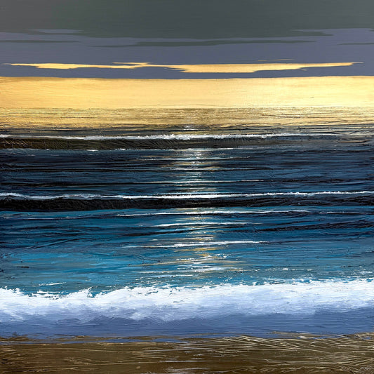 Painting of waves rolling to shore under a cloudy sky with golden sunlight on the water.