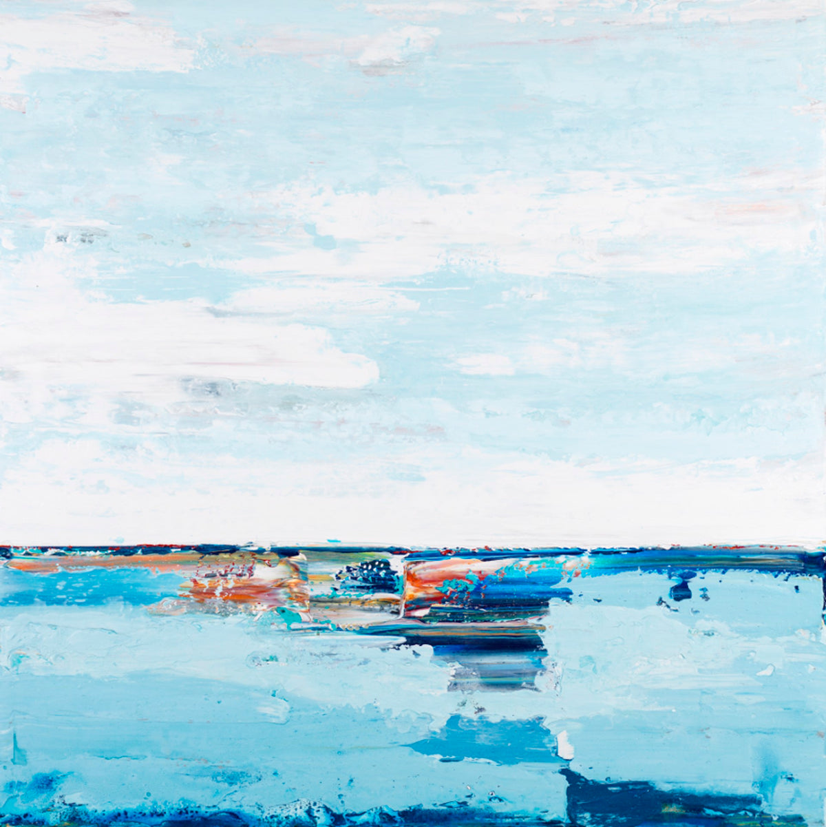 Abstract textured painting depicting a pale blue sky over a vibrant blue and orange sea.