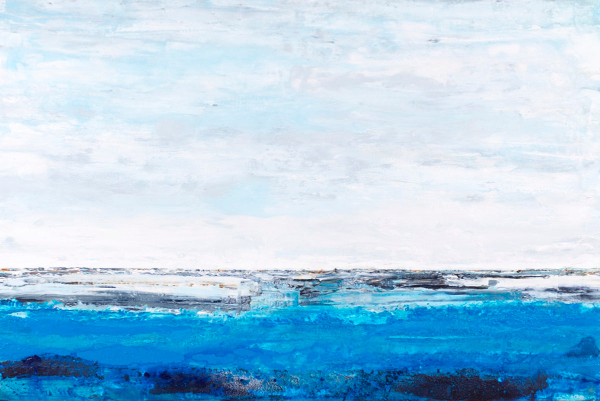 Abstract horizontal painting featuring a highly textured white upper half above vibrant, layered blue water.
