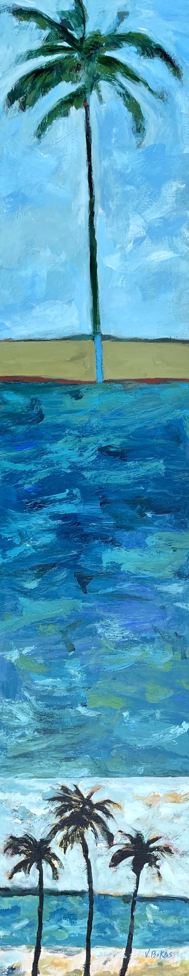 Tall painting of a palm tree over blue water with silhouetted palms below.