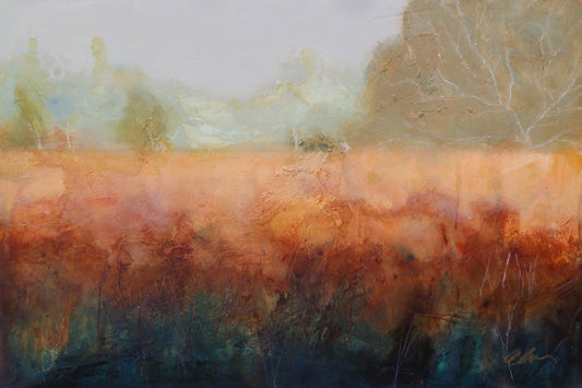 Abstract landscape painting with orange, teal, and green blending together.