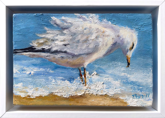 An oil painting of a seagull looking down at ocean surf with windblown white feathers.