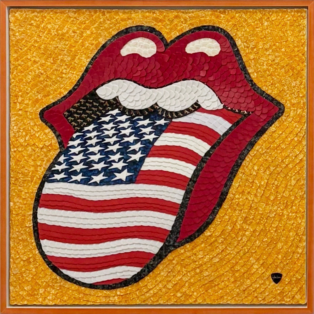 Mosaic of guitar picks forming the Rolling Stones tongue logo as a US flag on yellow.