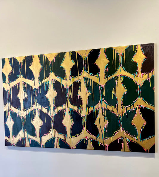 A painting with a geometric pattern of overlapping diamond shapes in green, gold, and dark colors, with paint drips.