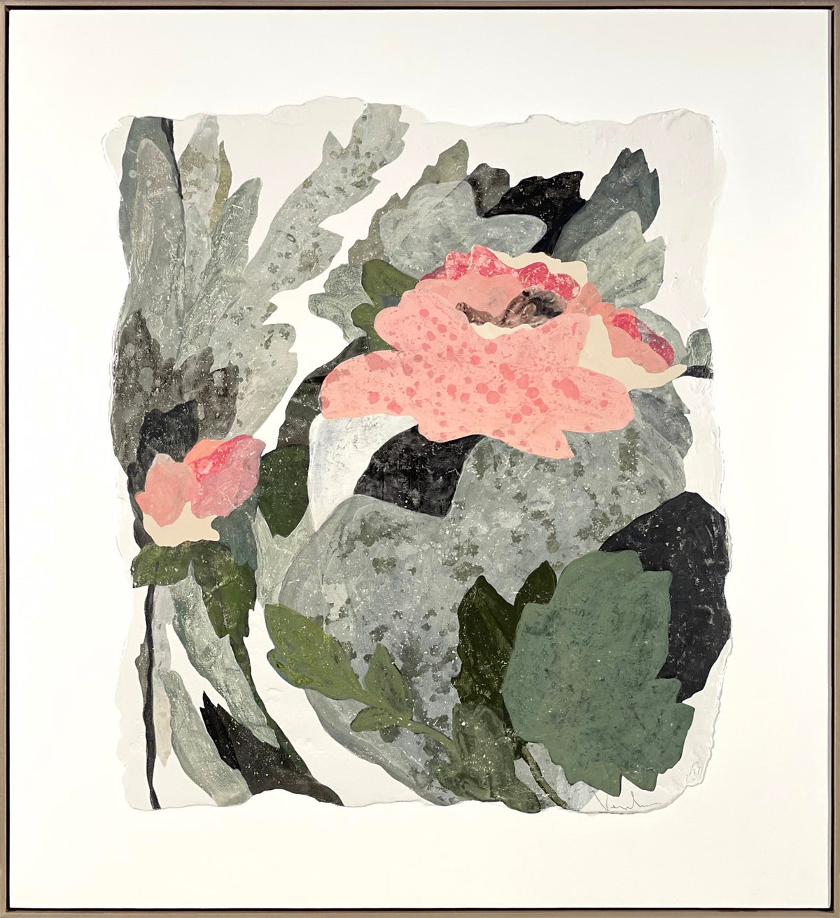 Framed painting of pink flowers among gray and green leaves on a white background.