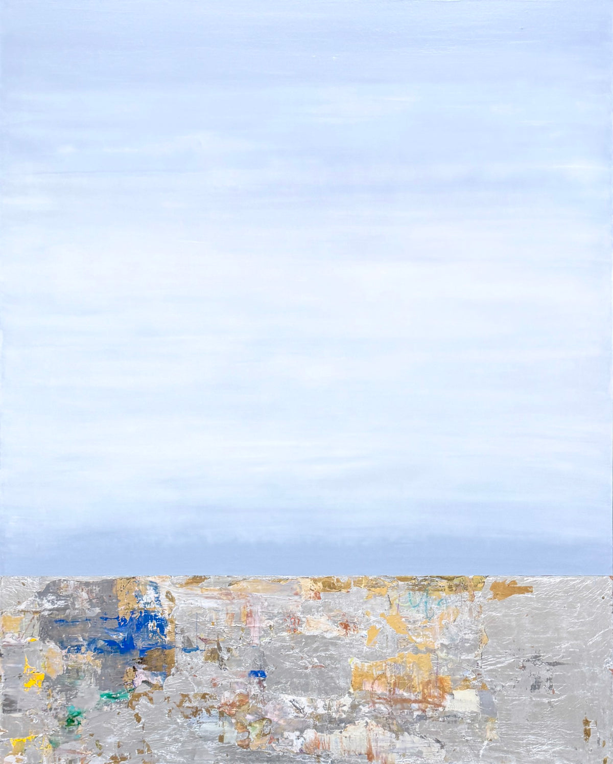 Abstract painting of pale blue sky over a textured ground in gray, yellow, blue, and white.