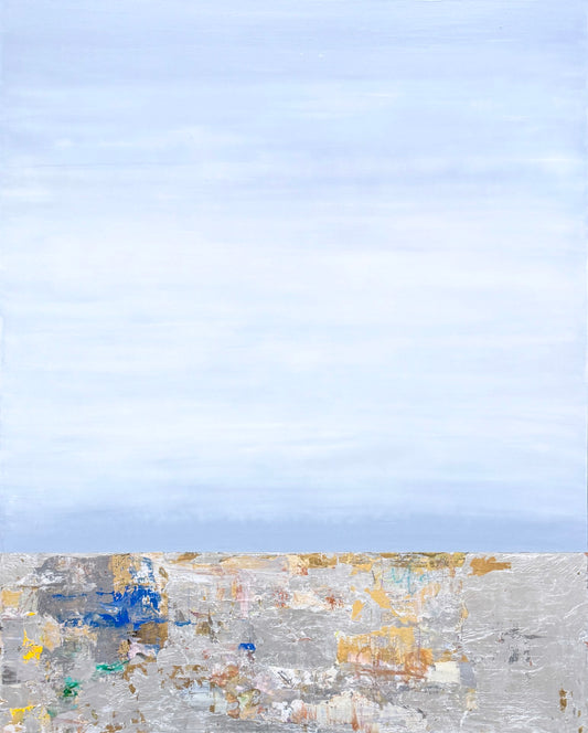 Abstract painting of pale blue sky over a textured ground in gray, yellow, blue, and white.
