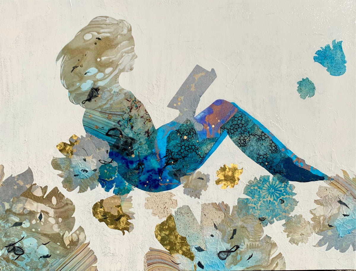 Mixed-media collage of a woman reading a book, filled with blue patterns amid flowers.