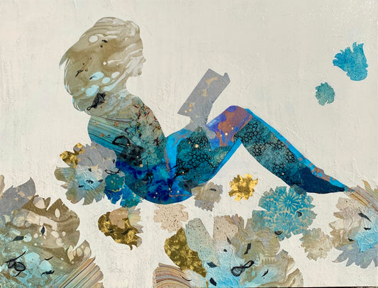 Mixed-media collage of a woman reading a book, filled with blue patterns amid flowers.