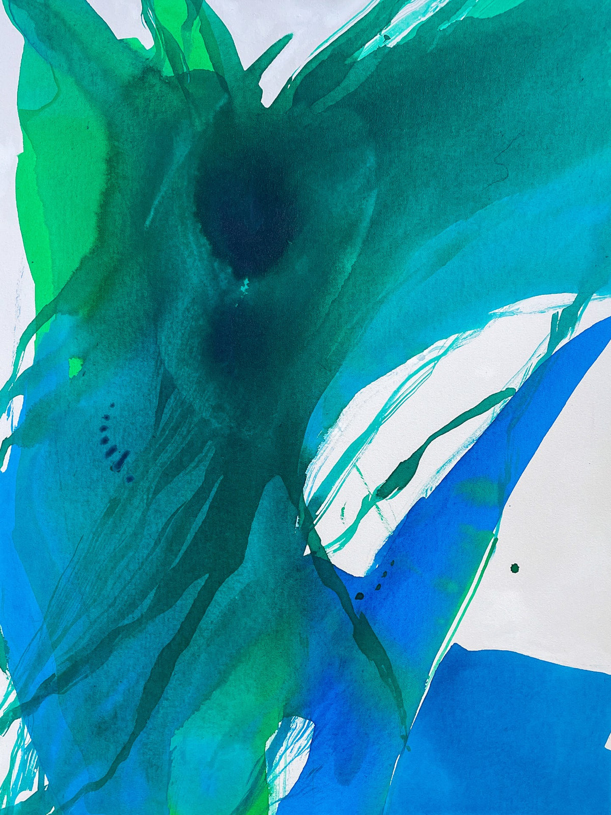 Abstract painting with flowing green and blue brushstrokes and splashes on a white background, creating a sense of movement and fluidity.