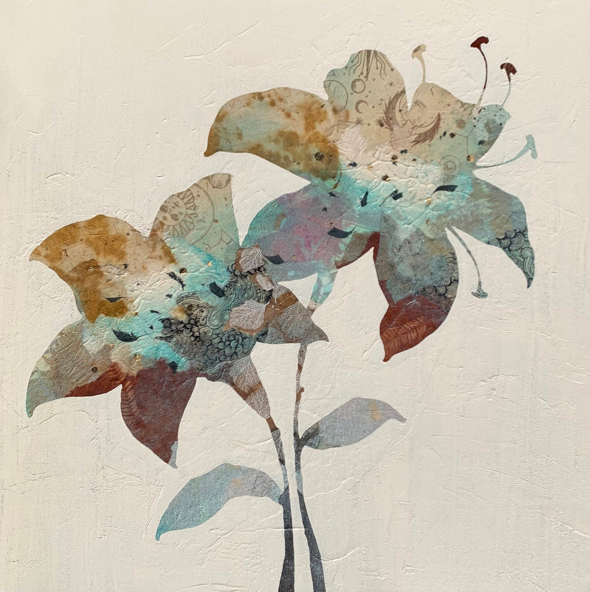 Illustration of two flowers with overlapping petals in earthy tones and blue accents on a textured white background.