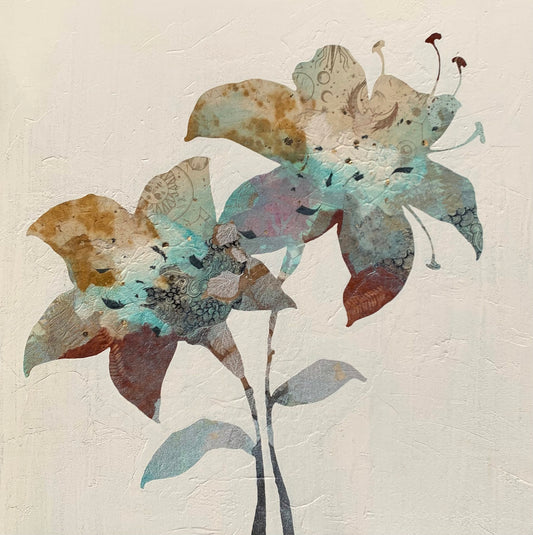 Illustration of two flowers with overlapping petals in earthy tones and blue accents on a textured white background.