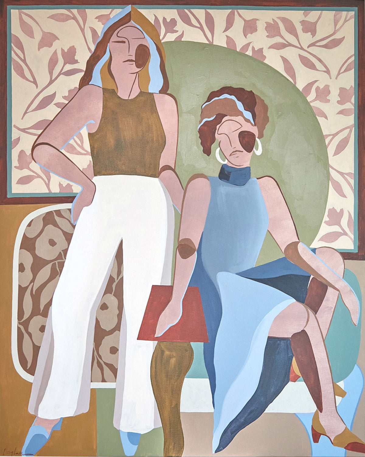 Two stylized figures in pastel colors are seated in a patterned room; one stands with hand on hip, the other sits holding a red object, both with abstract features and expressions.