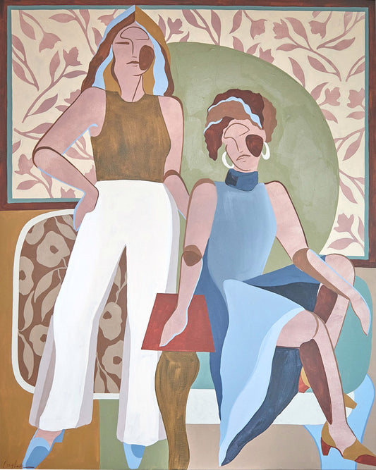 Two stylized figures in pastel colors are seated in a patterned room; one stands with hand on hip, the other sits holding a red object, both with abstract features and expressions.