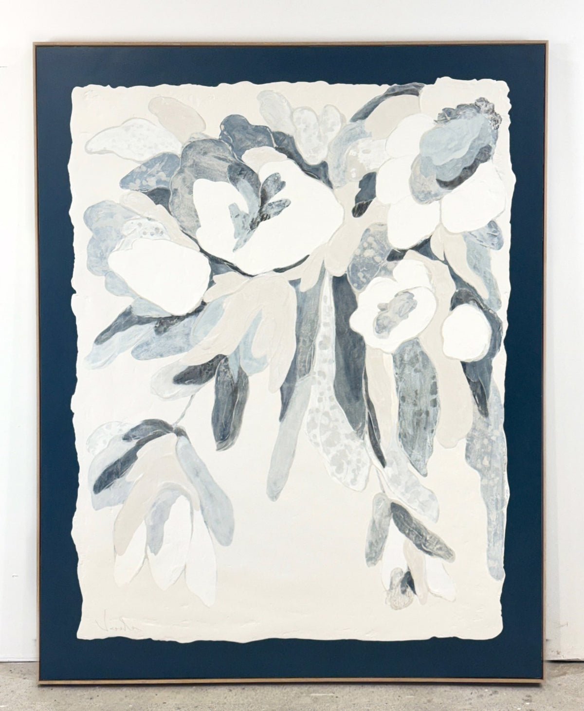 Large abstract painting of soft overlapping leaf and flower shapes in white, gray, and blue.