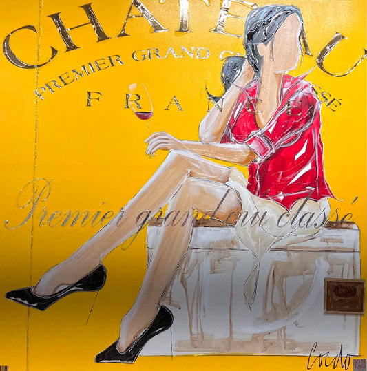 Illustration of a faceless woman in a red blouse and skirt, holding a wine glass, seated against a yellow background with "Chateau Premier Grand Cru Classe" text.
