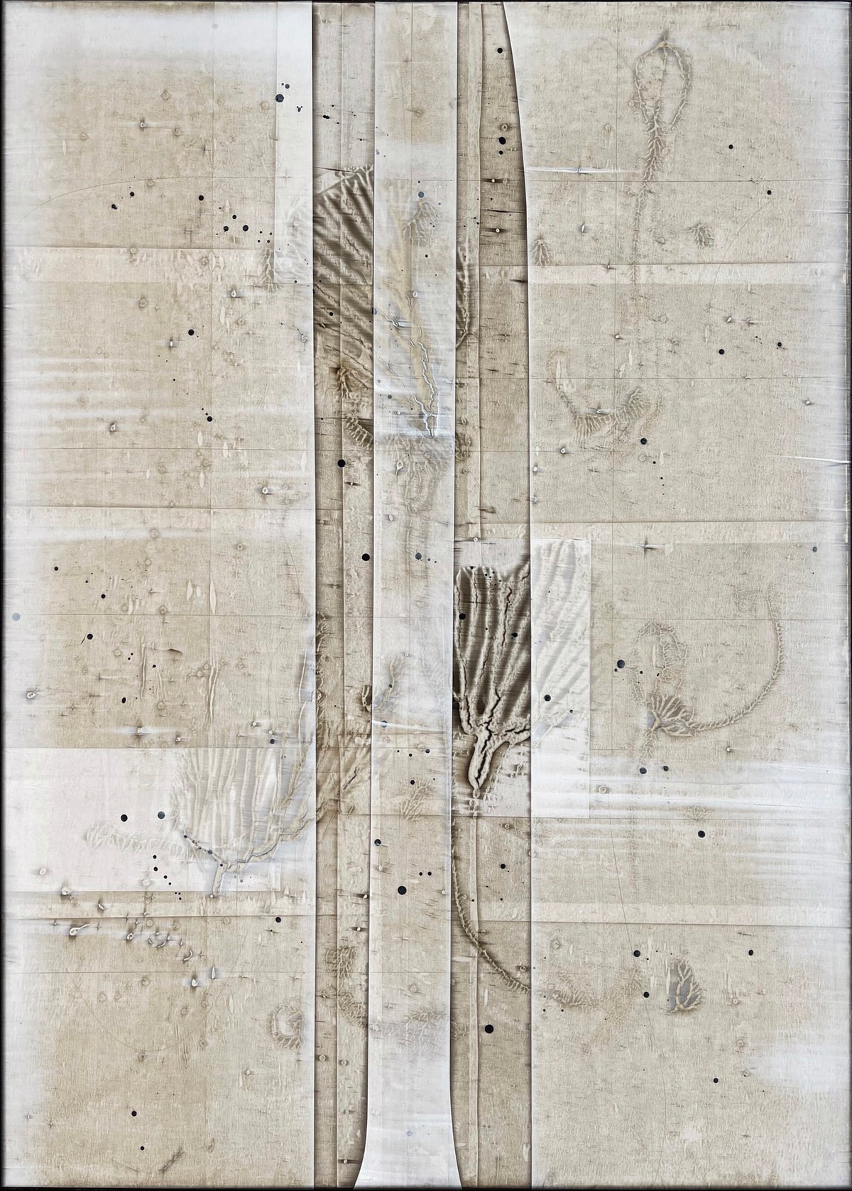 Abstract artwork with vertical and horizontal bands, organic lines, and dark dots on beige.