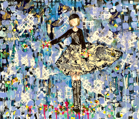 A painting of a girl wearing a black top and patterned skirt, holding flowers. The background is a mix of blue, white, and black abstract patterns with birds and floral motifs.