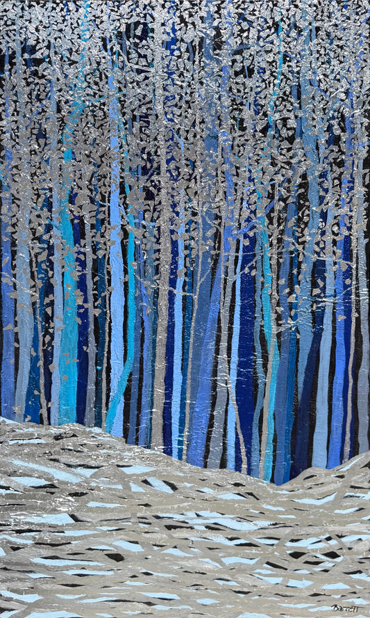 Textured painting of a silver and blue birch forest in winter.