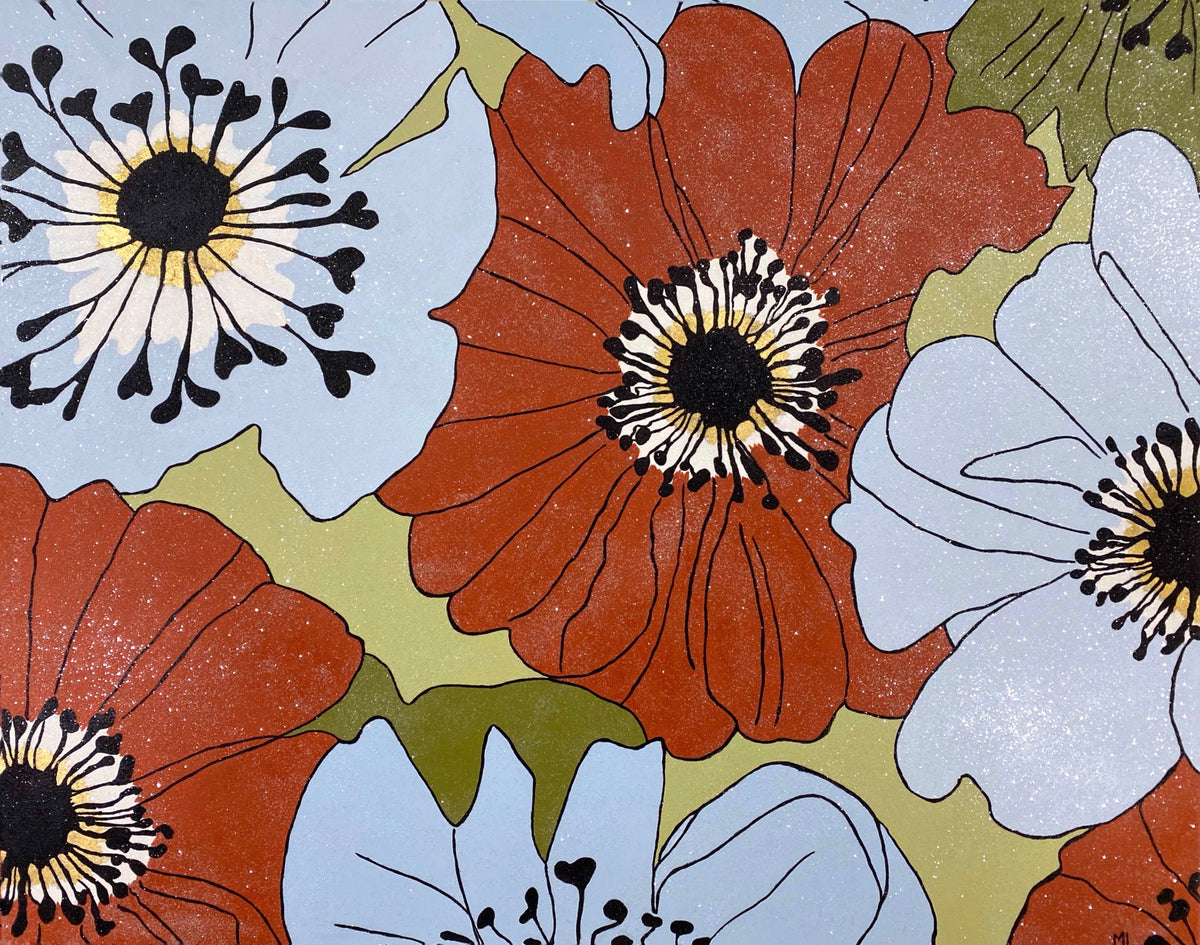 Painting of large red and white flowers with black centers and green leaves on a light blue background.