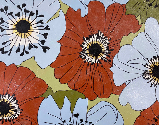 Painting of large red and white flowers with black centers and green leaves on a light blue background.