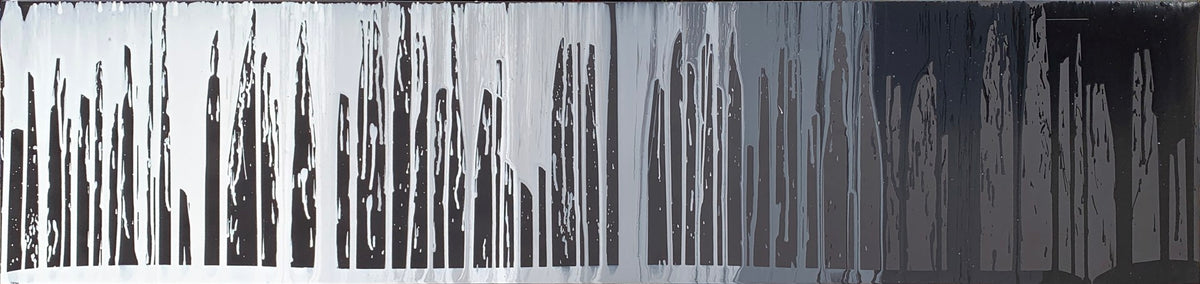 Vertical black, white, and gray paint drips forming an abstract barcode-like pattern.