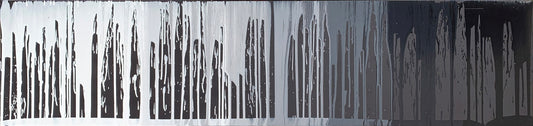 Vertical black, white, and gray paint drips forming an abstract barcode-like pattern.