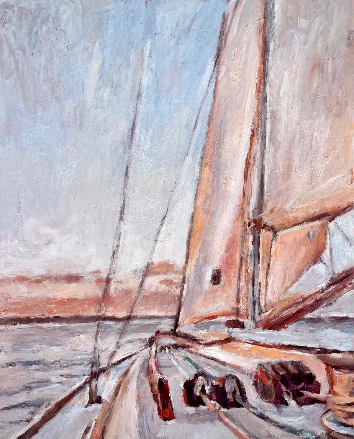 Painting of a sailboat on the water with land and sky in the background.