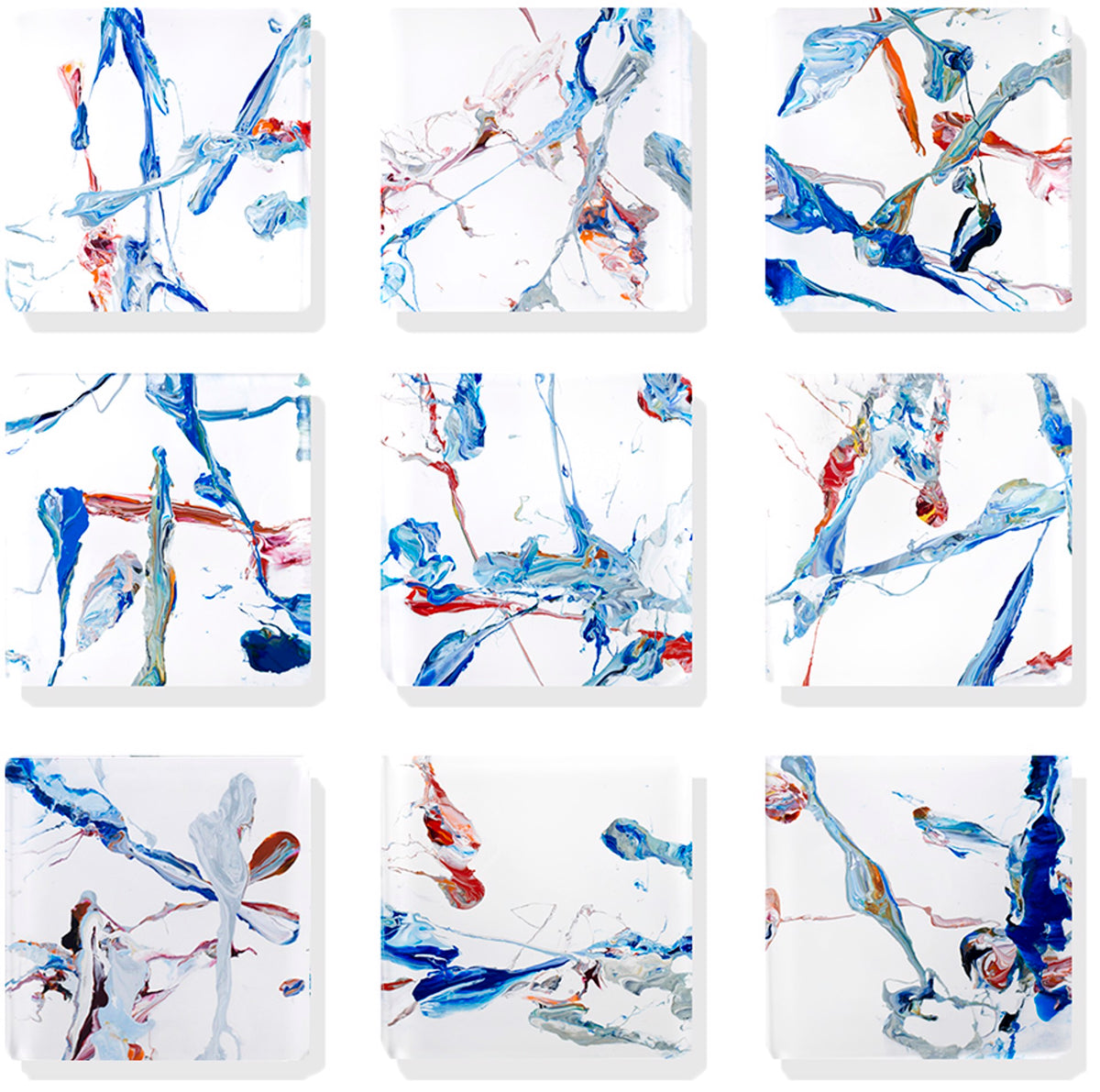 Nine abstract paintings with blue, red, and gray paint on white backgrounds.