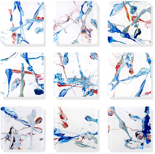 Nine abstract paintings with blue, red, and gray paint on white backgrounds.