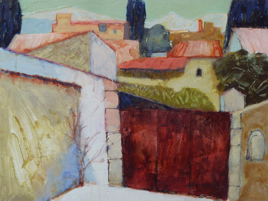 Colorful abstract painting of buildings, red gate, and trees in a village scene.