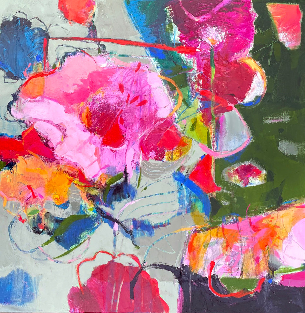 Vibrant abstract floral painting with pink, red, and orange blooms on a light ground.